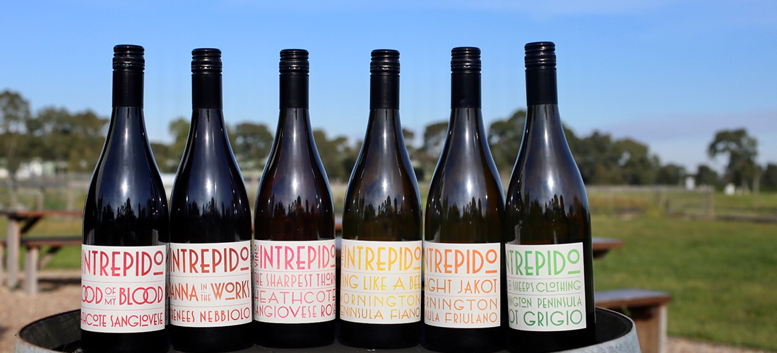 Vino Intrepido bottles lined up on a barrel outside